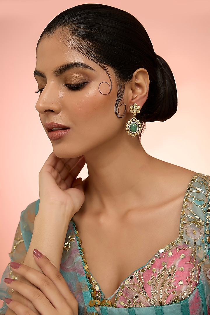 Two-Tone Plated Green Kundan Polki Handcrafted Dangler Earrings In Sterling Silver by KARISA DESIGNS at Pernia's Pop Up Shop