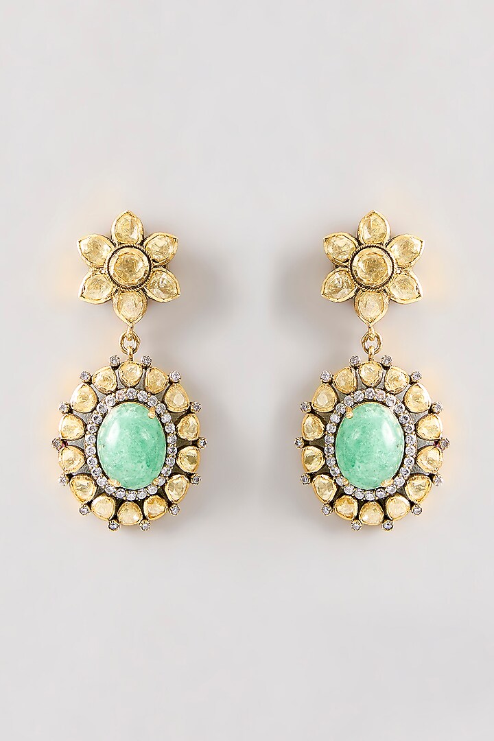 Two-Tone Plated Green Kundan Polki Handcrafted Dangler Earrings In Sterling Silver by KARISA DESIGNS at Pernia's Pop Up Shop