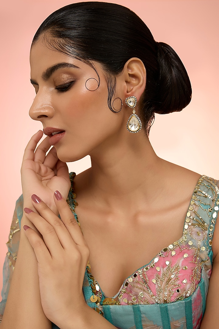 Two-Tone Plated White Kundan Polki Handcrafted Dangler Earrings In Sterling Silver by KARISA DESIGNS at Pernia's Pop Up Shop