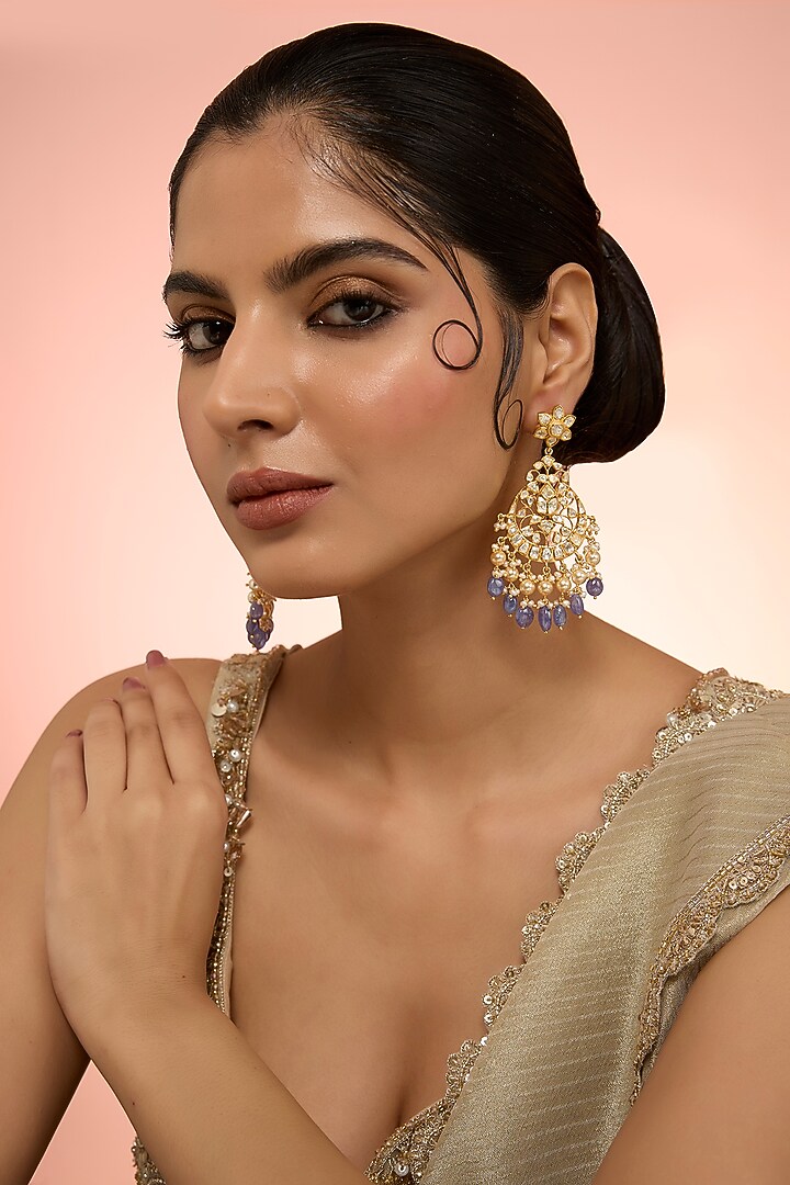 Gold Plated White Kundan Polki Handcrafted Dangler Earrings In Sterling Silver by KARISA DESIGNS at Pernia's Pop Up Shop