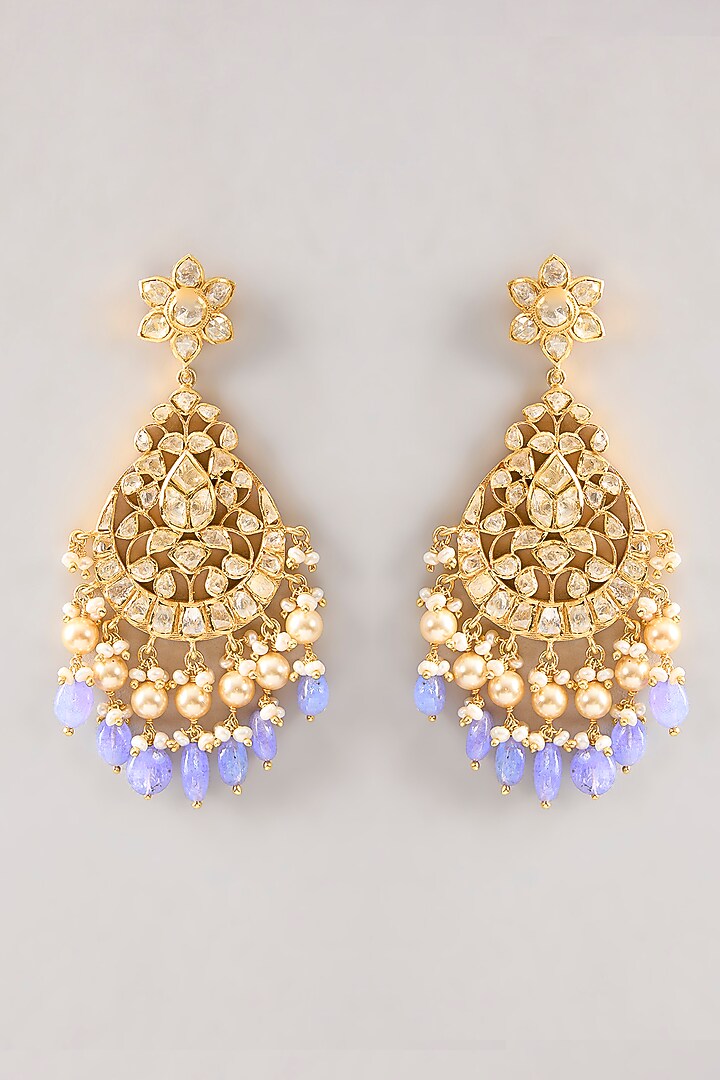 Gold Plated White Kundan Polki Handcrafted Dangler Earrings In Sterling Silver by KARISA DESIGNS at Pernia's Pop Up Shop
