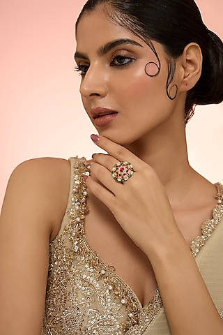 Gold Plated Green Kundan Polki Handcrafted Adjustable Ring In Sterling Silver by KARISA DESIGNS