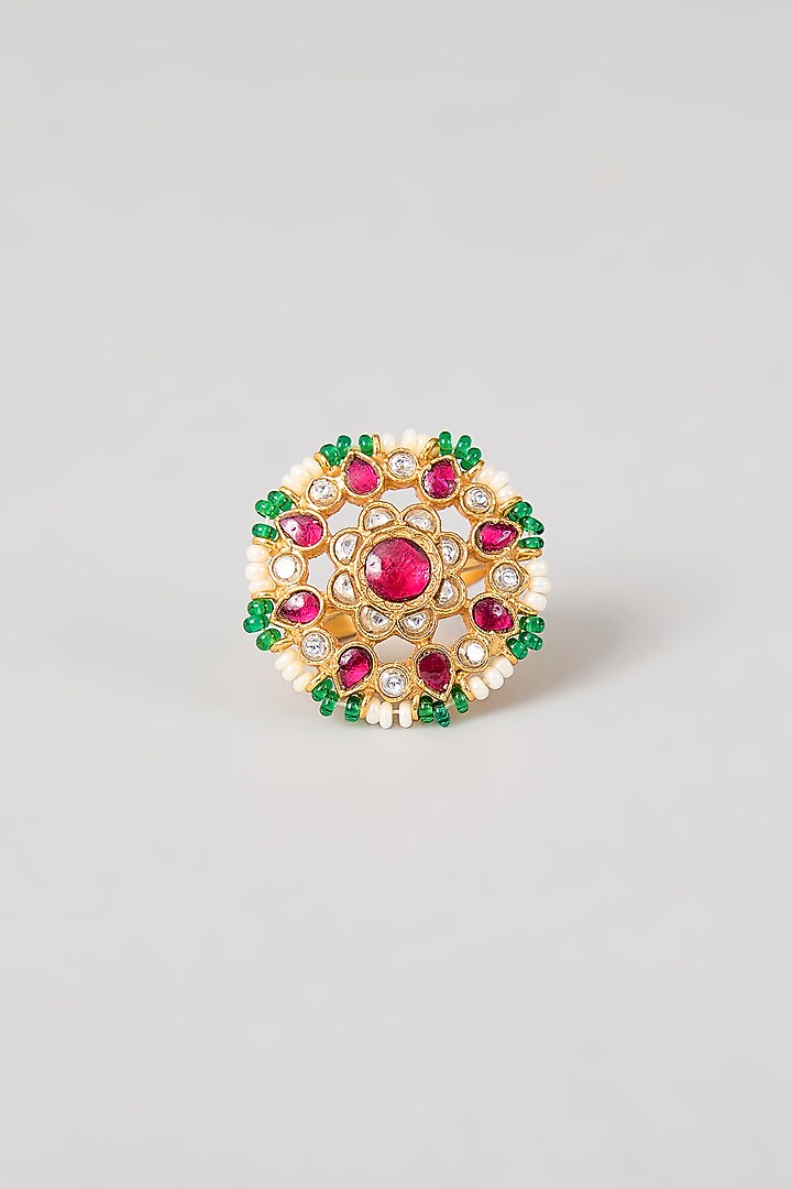 Gold Plated Green Kundan Polki Handcrafted Adjustable Ring In Sterling Silver by KARISA DESIGNS at Pernia's Pop Up Shop