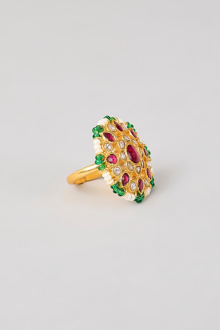 Gold Plated Green Kundan Polki Handcrafted Adjustable Ring In Sterling Silver by KARISA DESIGNS at Pernia's Pop Up Shop