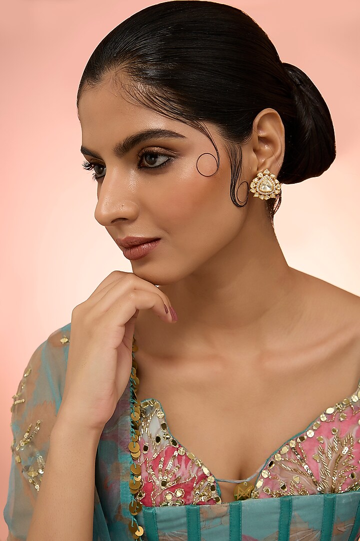 Gold Plated White Kundan Polki Handcrafted Dangler Earrings In Sterling Silver by KARISA DESIGNS at Pernia's Pop Up Shop