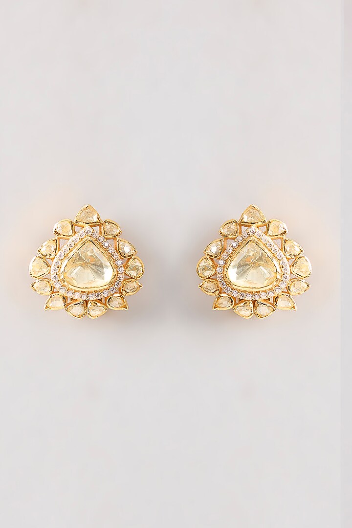 Gold Plated White Kundan Polki Handcrafted Dangler Earrings In Sterling Silver by KARISA DESIGNS at Pernia's Pop Up Shop