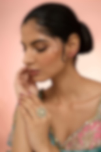 Gold Plated Green Kundan Polki Handcrafted Adjustable Ring In Sterling Silver by KARISA DESIGNS at Pernia's Pop Up Shop
