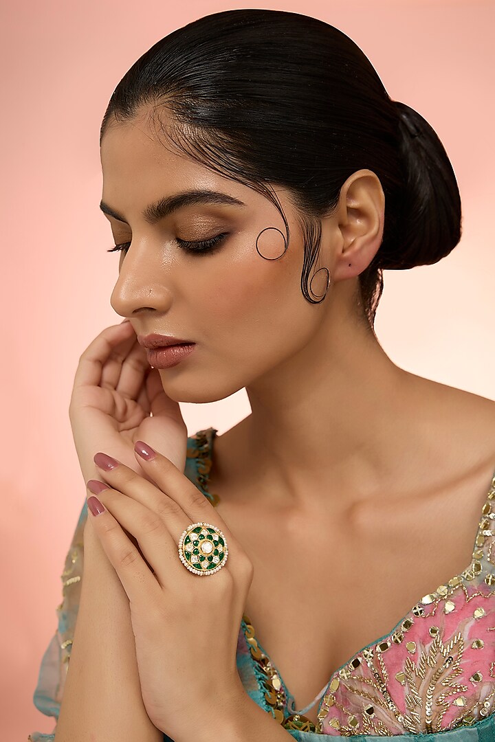 Gold Plated Green Kundan Polki Handcrafted Adjustable Ring In Sterling Silver by KARISA DESIGNS at Pernia's Pop Up Shop