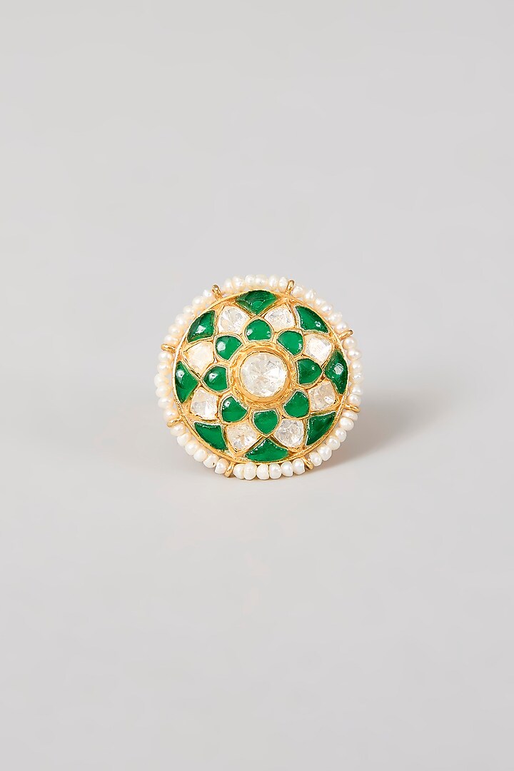 Gold Plated Green Kundan Polki Handcrafted Adjustable Ring In Sterling Silver by KARISA DESIGNS at Pernia's Pop Up Shop