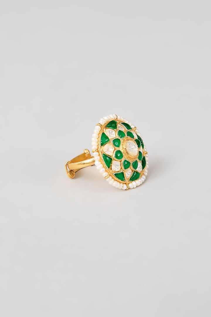 Gold Plated Green Kundan Polki Handcrafted Adjustable Ring In Sterling Silver by KARISA DESIGNS at Pernia's Pop Up Shop