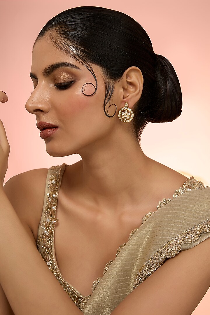 Gold Plated White Kundan Polki Handcrafted Stud Earrings In Sterling Silver by KARISA DESIGNS at Pernia's Pop Up Shop