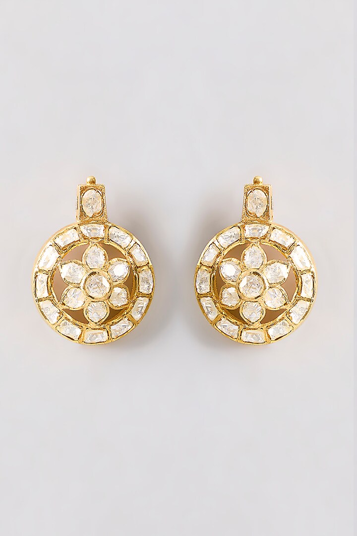 Gold Plated White Kundan Polki Handcrafted Stud Earrings In Sterling Silver by KARISA DESIGNS at Pernia's Pop Up Shop