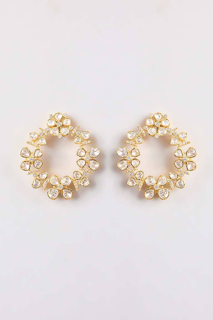 Gold Plated White Kundan Polki Handcrafted Chandbali Earrings In Sterling Silver by KARISA DESIGNS at Pernia's Pop Up Shop