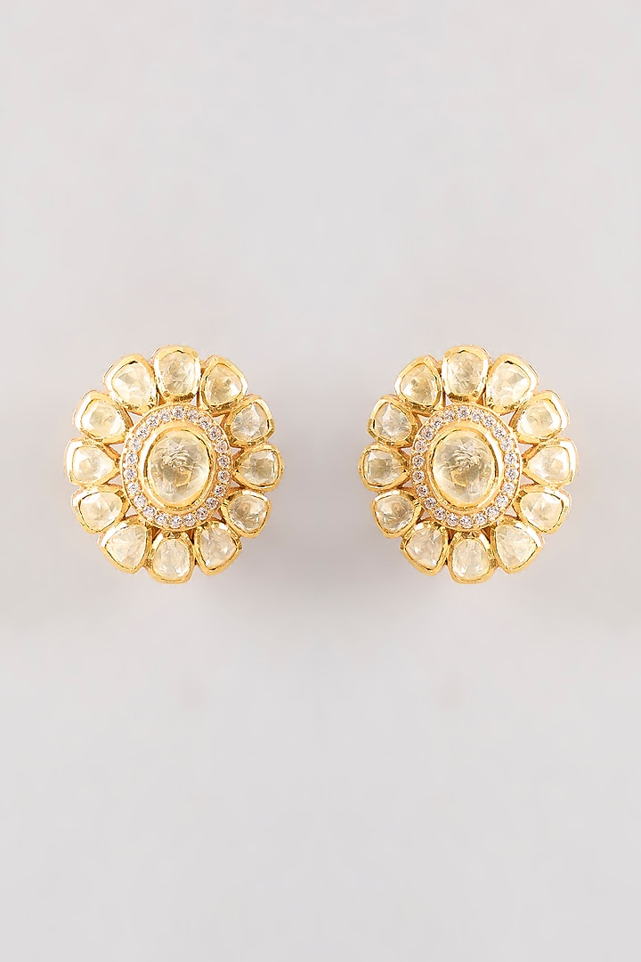 Gold Plated White Kundan Polki Handcrafted Stud Earrings In Sterling Silver by KARISA DESIGNS at Pernia's Pop Up Shop