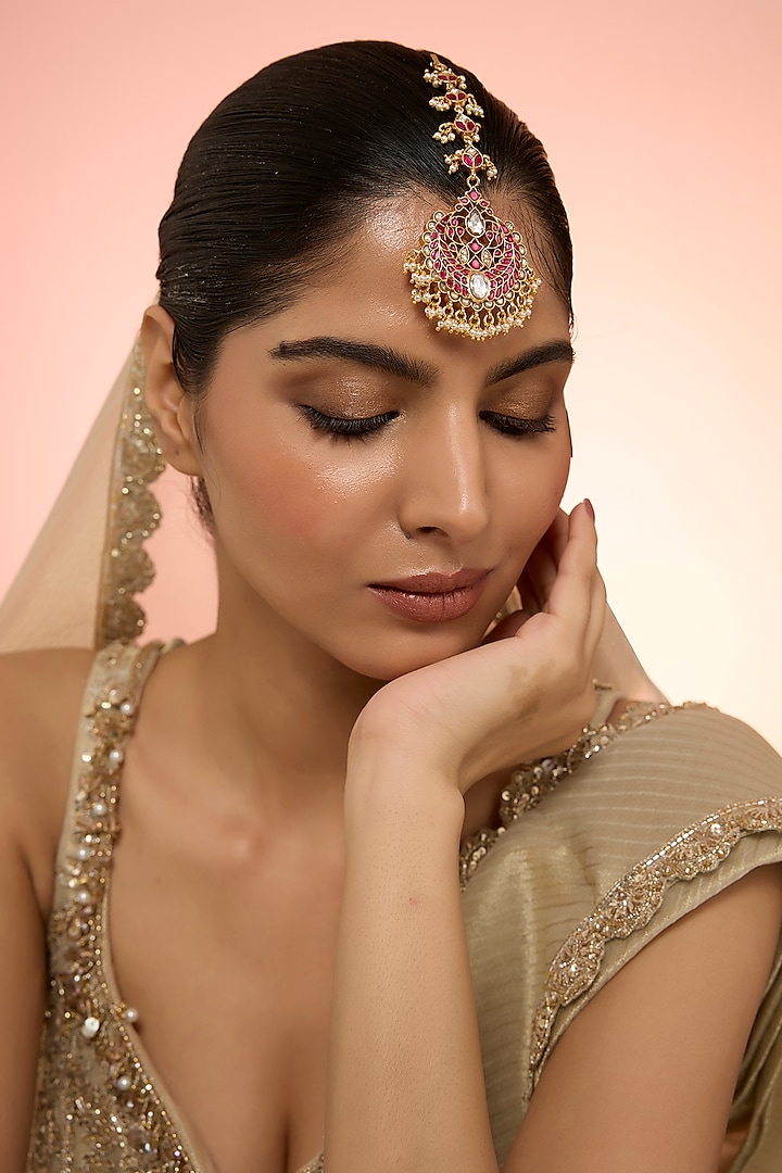 Gold Plated Red Kundan Polki Handcrafted Maangtikka In Sterling Silver by KARISA DESIGNS at Pernia's Pop Up Shop
