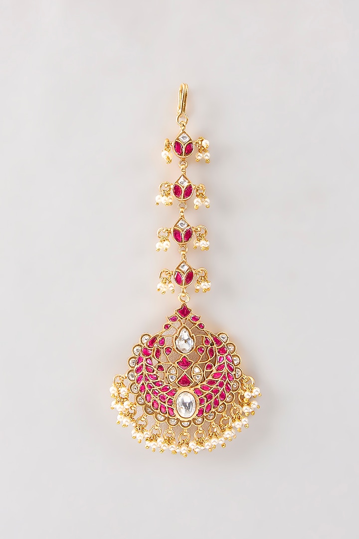 Gold Plated Red Kundan Polki Handcrafted Maangtikka In Sterling Silver by KARISA DESIGNS at Pernia's Pop Up Shop