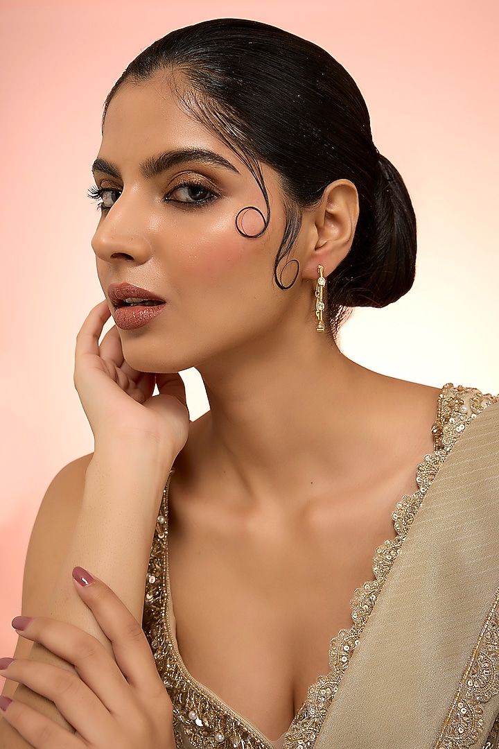 Gold Plated White Kundan Polki Handcrafted Dangler Earrings In Sterling Silver by KARISA DESIGNS at Pernia's Pop Up Shop