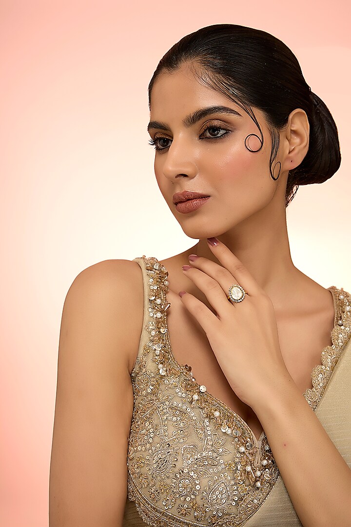 Two-Tone Plated White Kundan Polki Handcrafted Adjustable Ring In Sterling Silver by KARISA DESIGNS at Pernia's Pop Up Shop