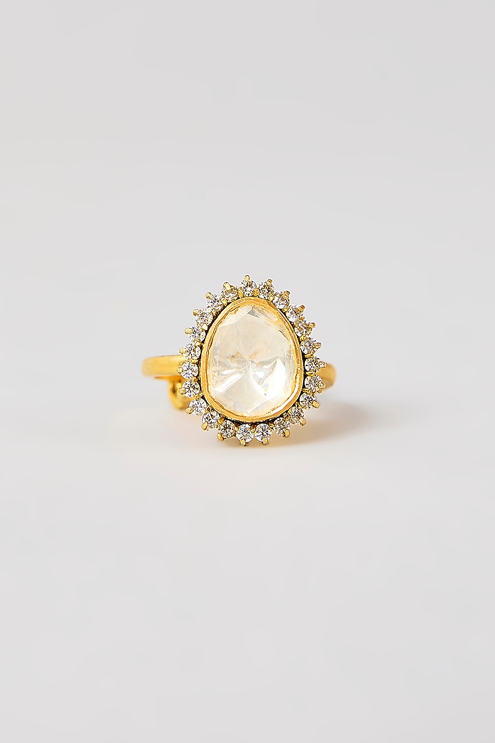 Two-Tone Plated White Kundan Polki Handcrafted Adjustable Ring In Sterling Silver by KARISA DESIGNS at Pernia's Pop Up Shop