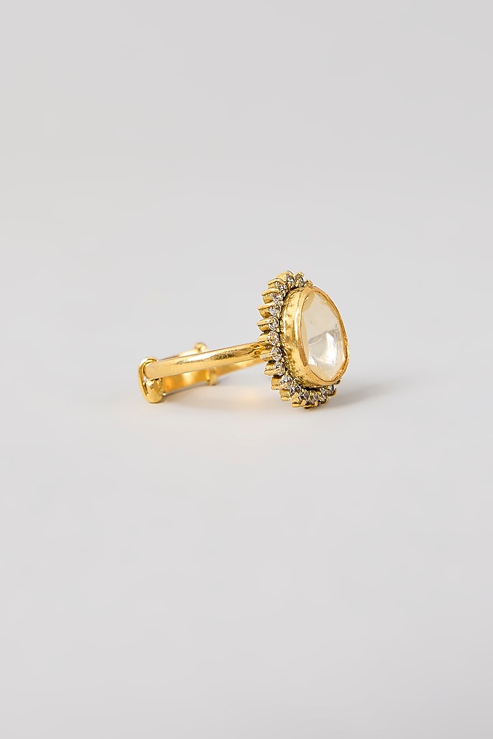 Two-Tone Plated White Kundan Polki Handcrafted Adjustable Ring In Sterling Silver by KARISA DESIGNS at Pernia's Pop Up Shop