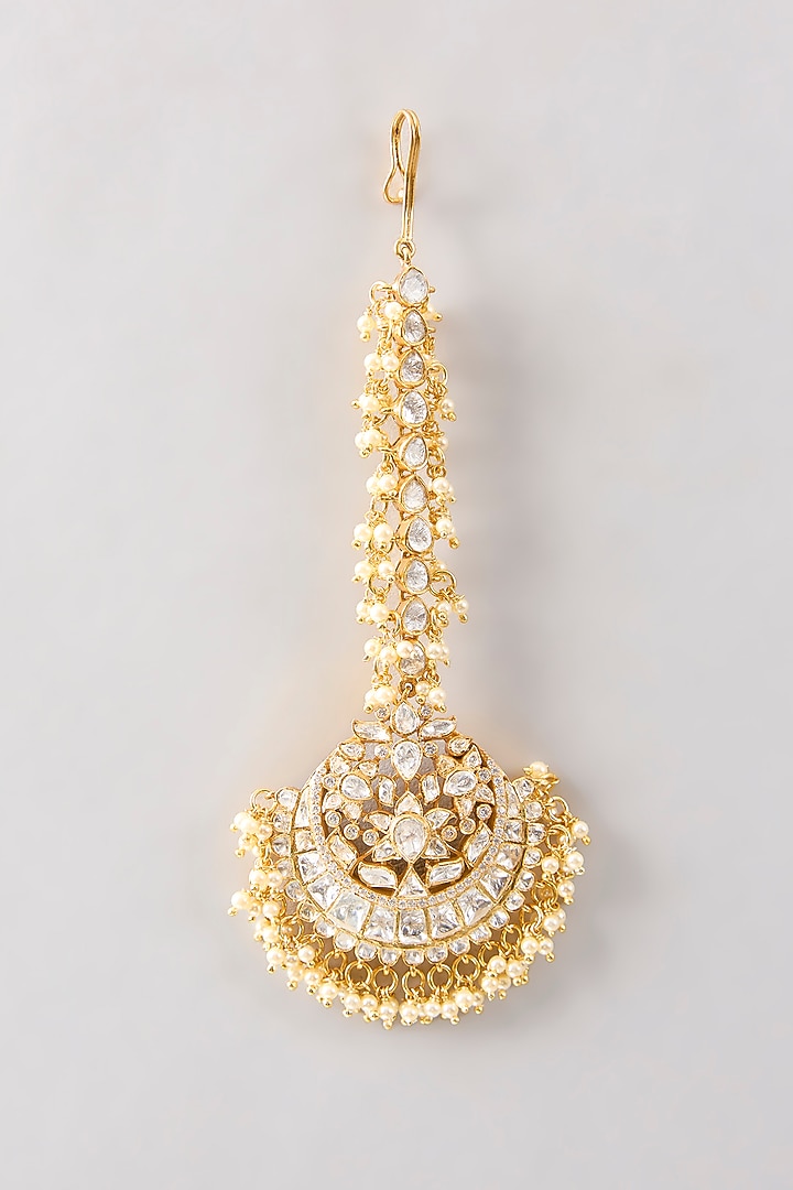 Gold Plated White Kundan Polki Handcrafted Maangtikka In Sterling Silver by KARISA DESIGNS at Pernia's Pop Up Shop