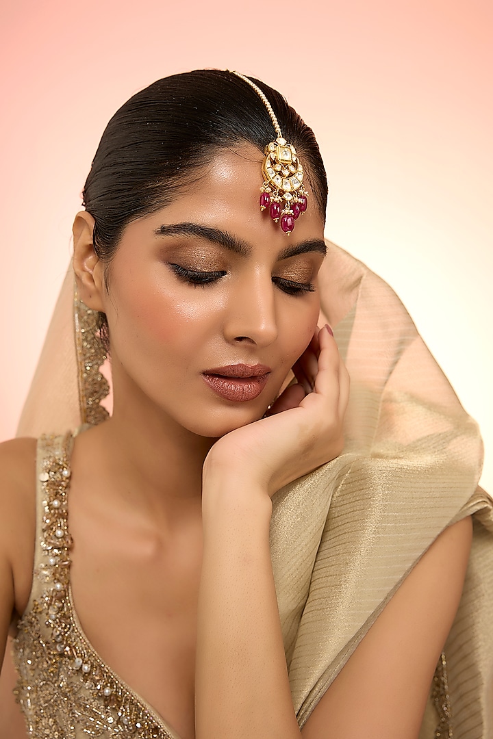 Gold Plated Red Kundan Polki Handcrafted Maangtikka In Sterling Silver by KARISA DESIGNS at Pernia's Pop Up Shop