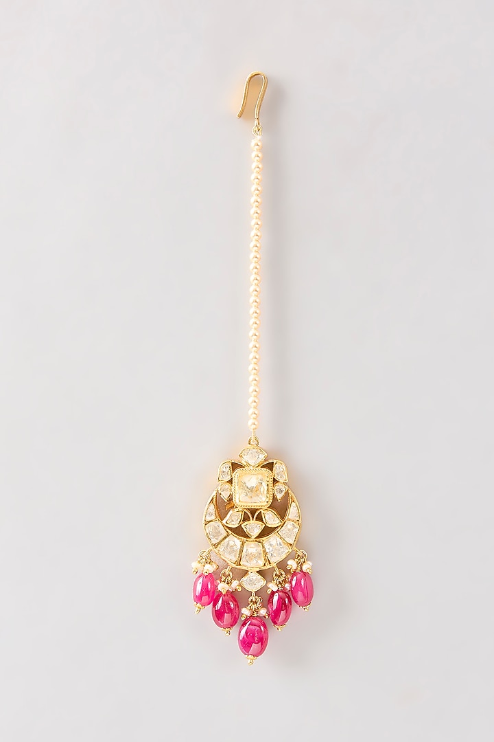 Gold Plated Red Kundan Polki Handcrafted Maangtikka In Sterling Silver by KARISA DESIGNS at Pernia's Pop Up Shop