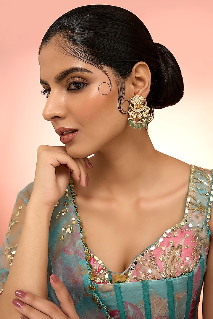 Gold Plated White Kundan Polki Handcrafted Dangler Earrings In Sterling Silver by KARISA DESIGNS at Pernia's Pop Up Shop