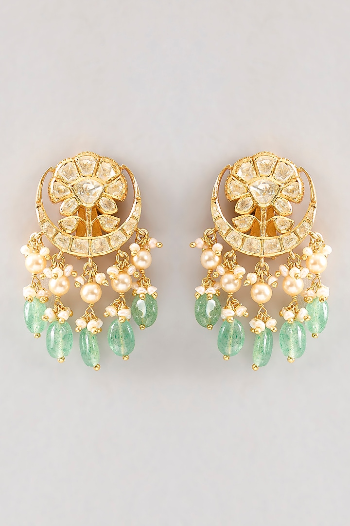 Gold Plated White Kundan Polki Handcrafted Dangler Earrings In Sterling Silver by KARISA DESIGNS at Pernia's Pop Up Shop