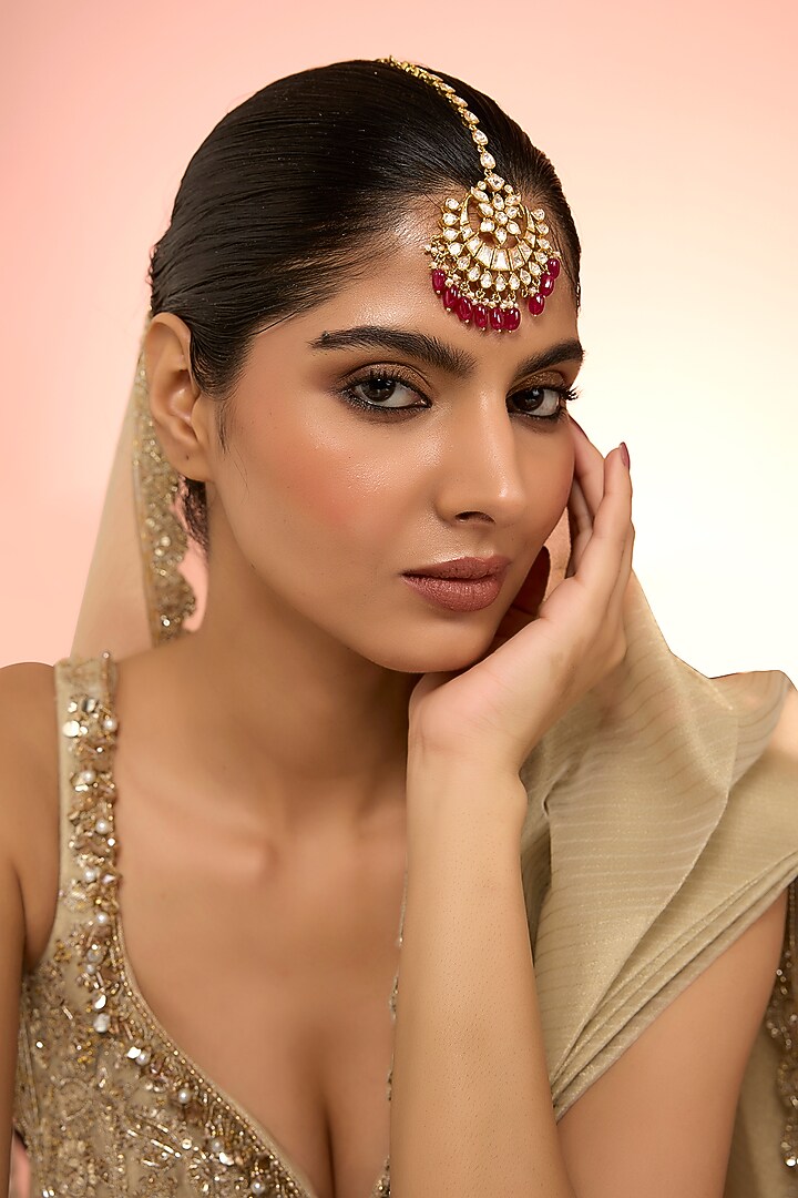 Gold Plated White Kundan Polki Handcrafted Maangtikka In Sterling Silver by KARISA DESIGNS at Pernia's Pop Up Shop