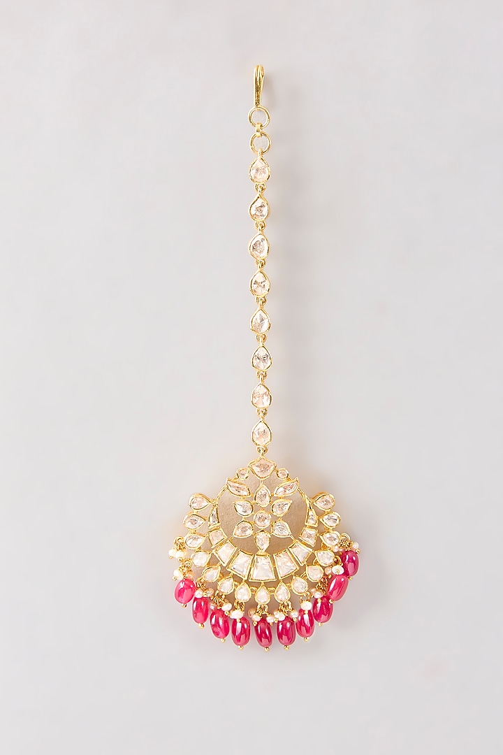 Gold Plated White Kundan Polki Handcrafted Maangtikka In Sterling Silver by KARISA DESIGNS at Pernia's Pop Up Shop