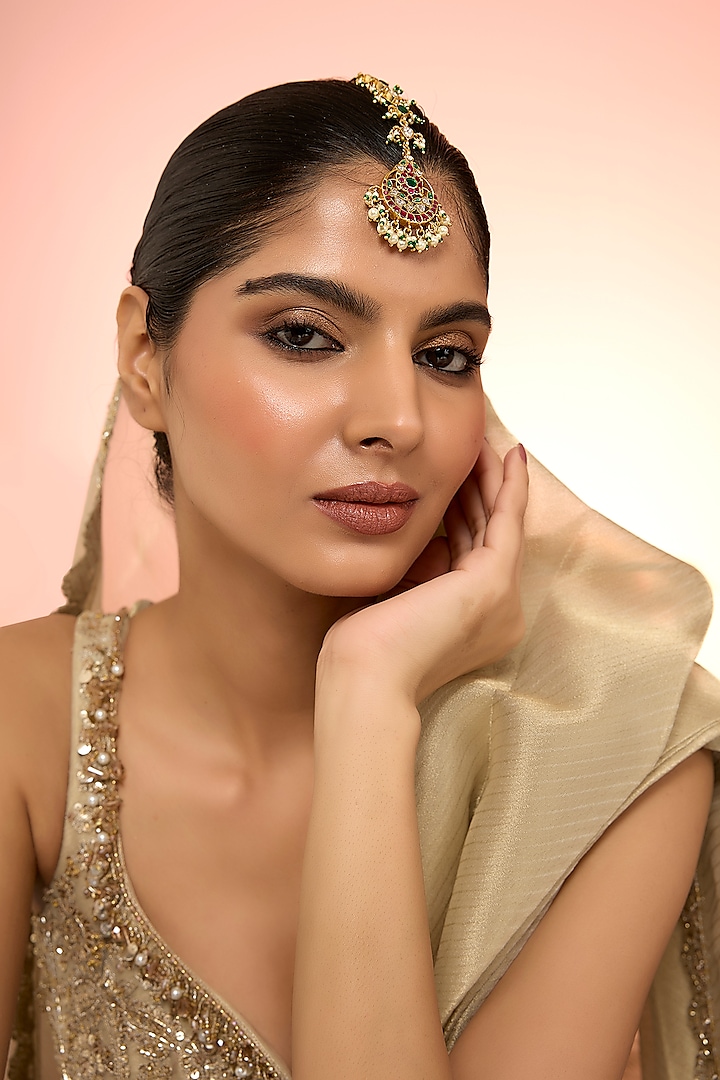 Gold Plated Red Kundan Polki Handcrafted Maangtikka In Sterling Silver by KARISA DESIGNS at Pernia's Pop Up Shop