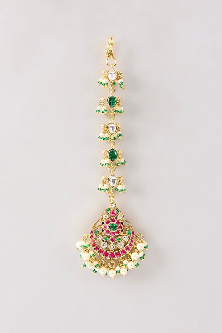 Gold Plated Red Kundan Polki Handcrafted Maangtikka In Sterling Silver by KARISA DESIGNS at Pernia's Pop Up Shop