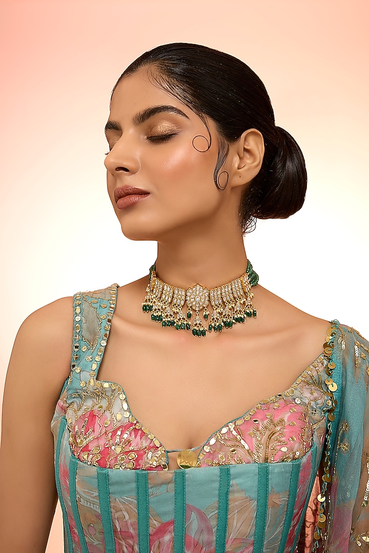Gold Plated White Kundan Polki Handcrafted Choker Necklace In Sterling Silver by KARISA DESIGNS at Pernia's Pop Up Shop