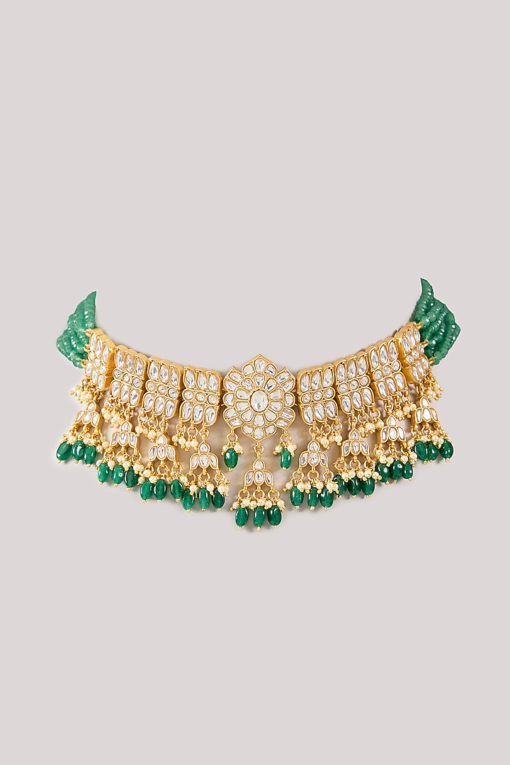 Gold Plated White Kundan Polki Handcrafted Choker Necklace In Sterling Silver by KARISA DESIGNS at Pernia's Pop Up Shop