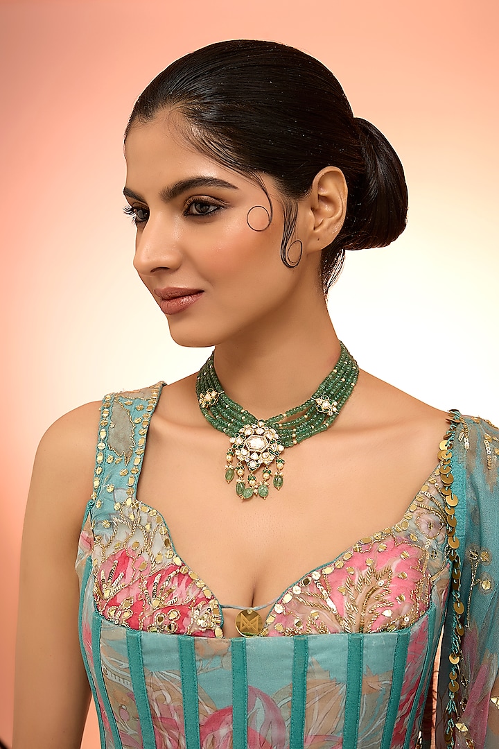 Gold Plated Green Kundan Polki Handcrafted Necklace In Sterling Silver by KARISA DESIGNS at Pernia's Pop Up Shop