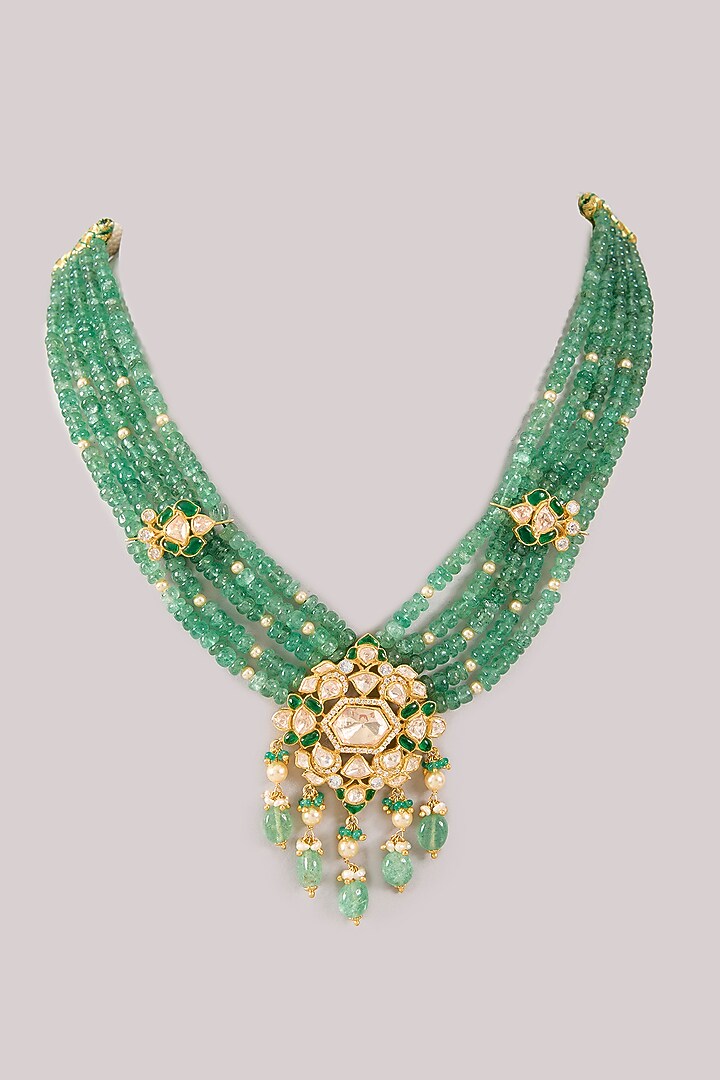 Gold Plated Green Kundan Polki Handcrafted Necklace In Sterling Silver by KARISA DESIGNS at Pernia's Pop Up Shop