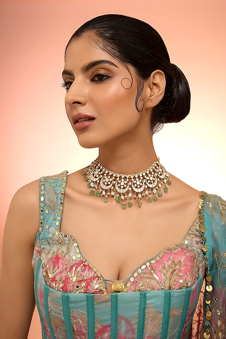 Gold Plated White Kundan Polki Handcrafted Choker Necklace In Sterling Silver by KARISA DESIGNS at Pernia's Pop Up Shop