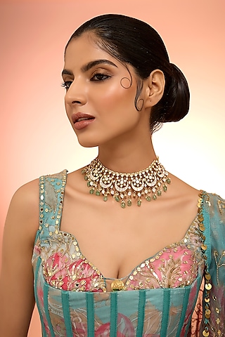 Gold Plated White Kundan Polki Handcrafted Choker Necklace In Sterling Silver by KARISA DESIGNS