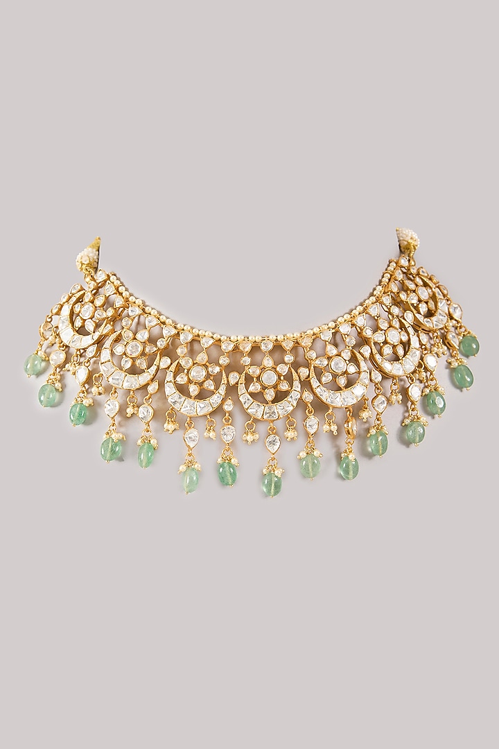 Gold Plated White Kundan Polki Handcrafted Choker Necklace In Sterling Silver by KARISA DESIGNS at Pernia's Pop Up Shop