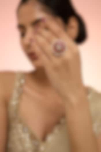 Gold Plated Red Kundan Polki Handcrafted Adjustable Ring In Sterling Silver by KARISA DESIGNS at Pernia's Pop Up Shop