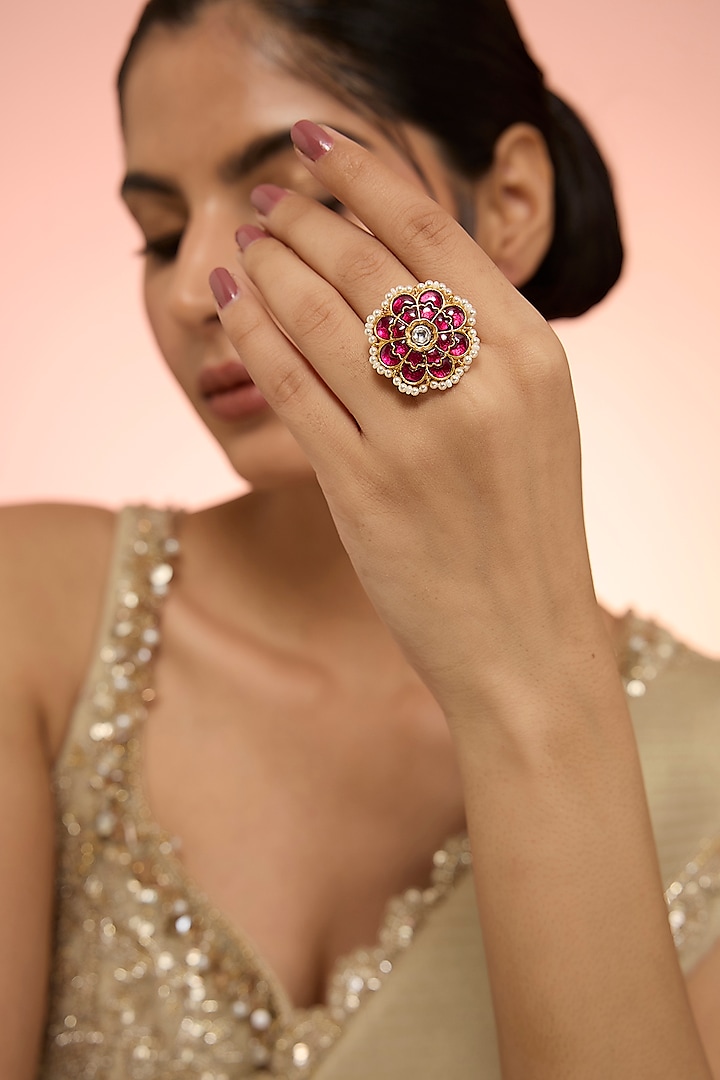 Gold Plated Red Kundan Polki Handcrafted Adjustable Ring In Sterling Silver by KARISA DESIGNS at Pernia's Pop Up Shop