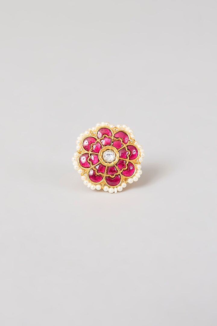 Gold Plated Red Kundan Polki Handcrafted Adjustable Ring In Sterling Silver by KARISA DESIGNS at Pernia's Pop Up Shop