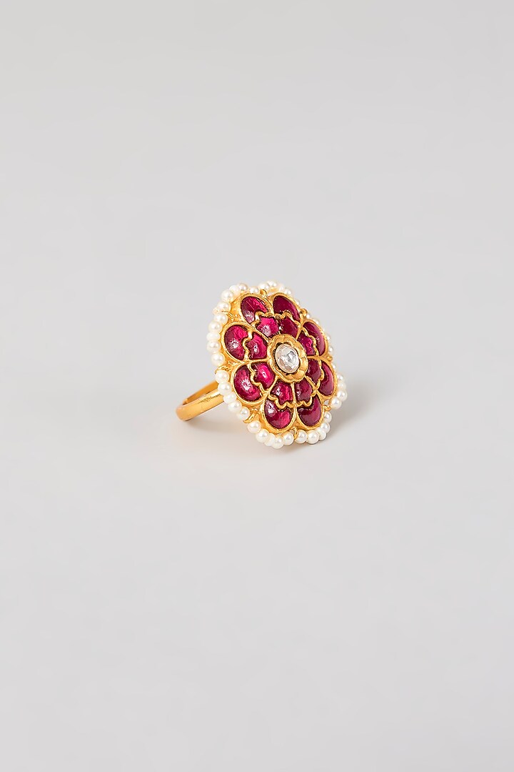 Gold Plated Red Kundan Polki Handcrafted Adjustable Ring In Sterling Silver by KARISA DESIGNS at Pernia's Pop Up Shop