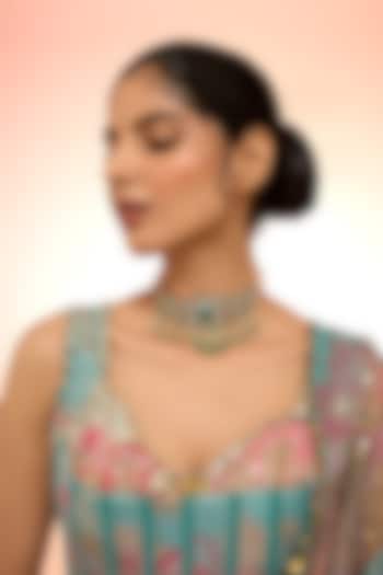 Black Rhodium Plated Green Kundan Polki Handcrafted Choker Necklace In Sterling Silver by KARISA DESIGNS at Pernia's Pop Up Shop