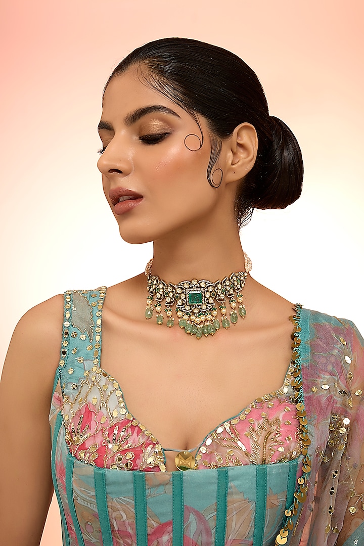 Black Rhodium Plated Green Kundan Polki Handcrafted Choker Necklace In Sterling Silver by KARISA DESIGNS at Pernia's Pop Up Shop