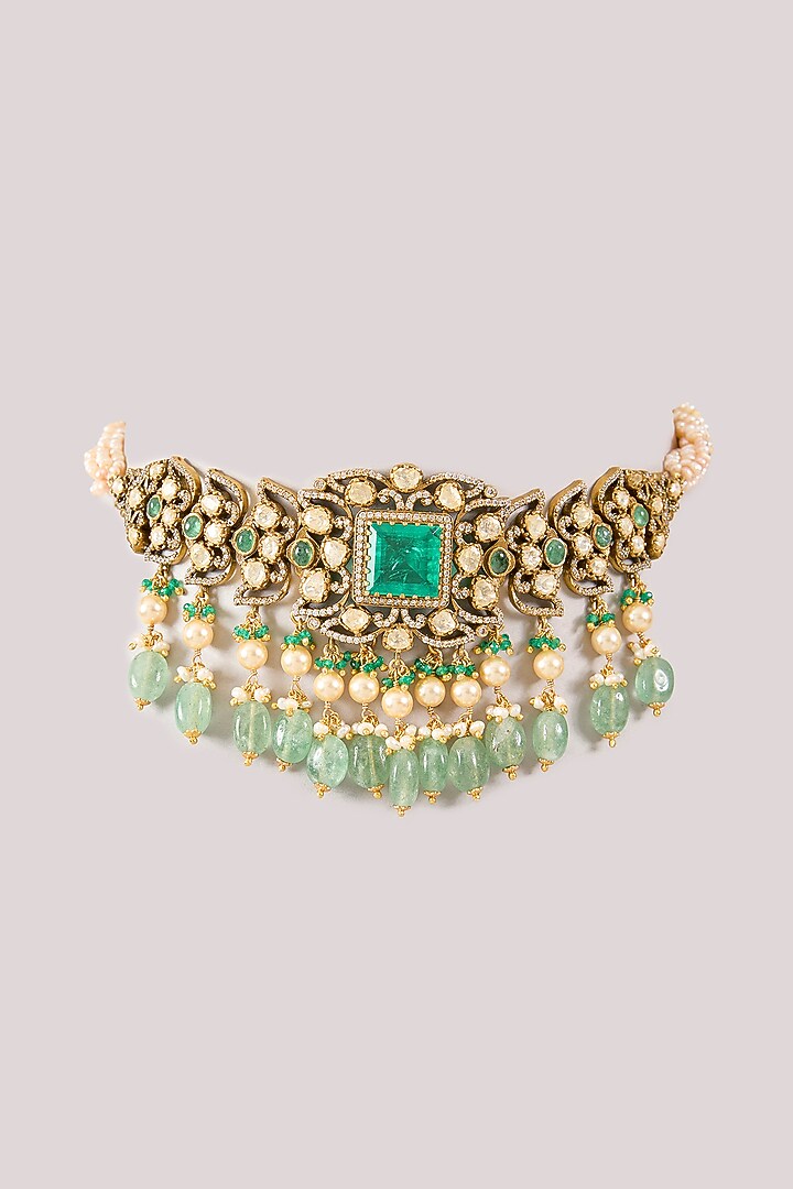 Black Rhodium Plated Green Kundan Polki Handcrafted Choker Necklace In Sterling Silver by KARISA DESIGNS at Pernia's Pop Up Shop