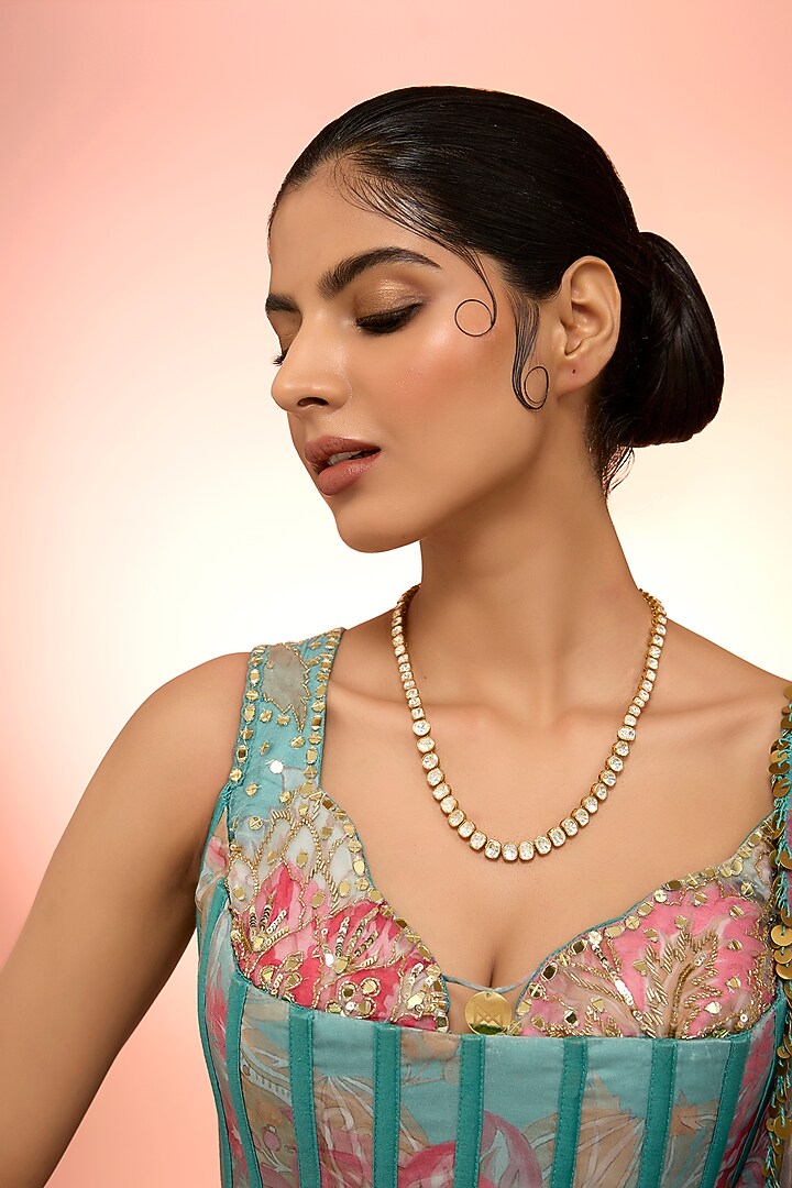 Gold Plated White Kundan Polki Handcrafted Long Necklace In Sterling Silver by KARISA DESIGNS at Pernia's Pop Up Shop