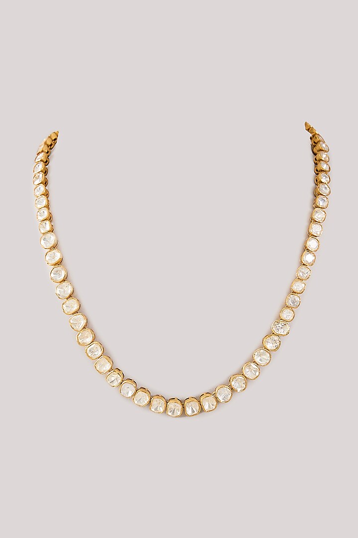 Gold Plated White Kundan Polki Handcrafted Long Necklace In Sterling Silver by KARISA DESIGNS at Pernia's Pop Up Shop
