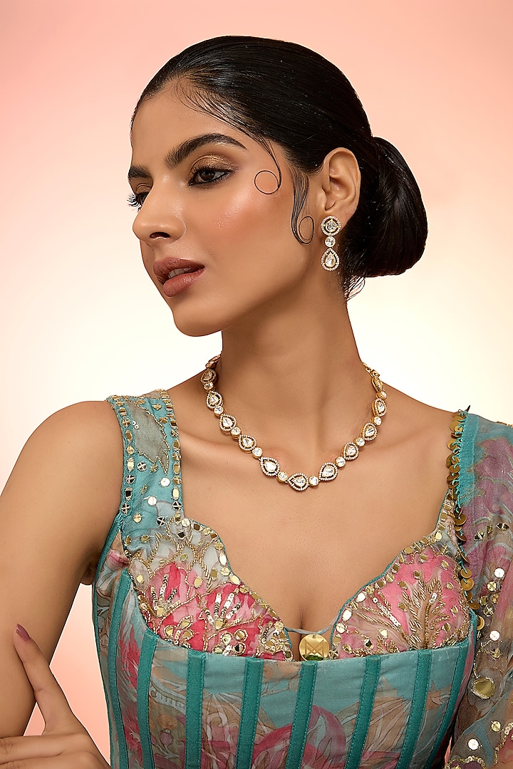 Gold Plated White Kundan Polki Handcrafted Necklace Set In Sterling Silver by KARISA DESIGNS at Pernia's Pop Up Shop
